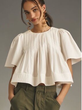 Anthropologie Cream Pintuck Flutter-Sleeve Blouse